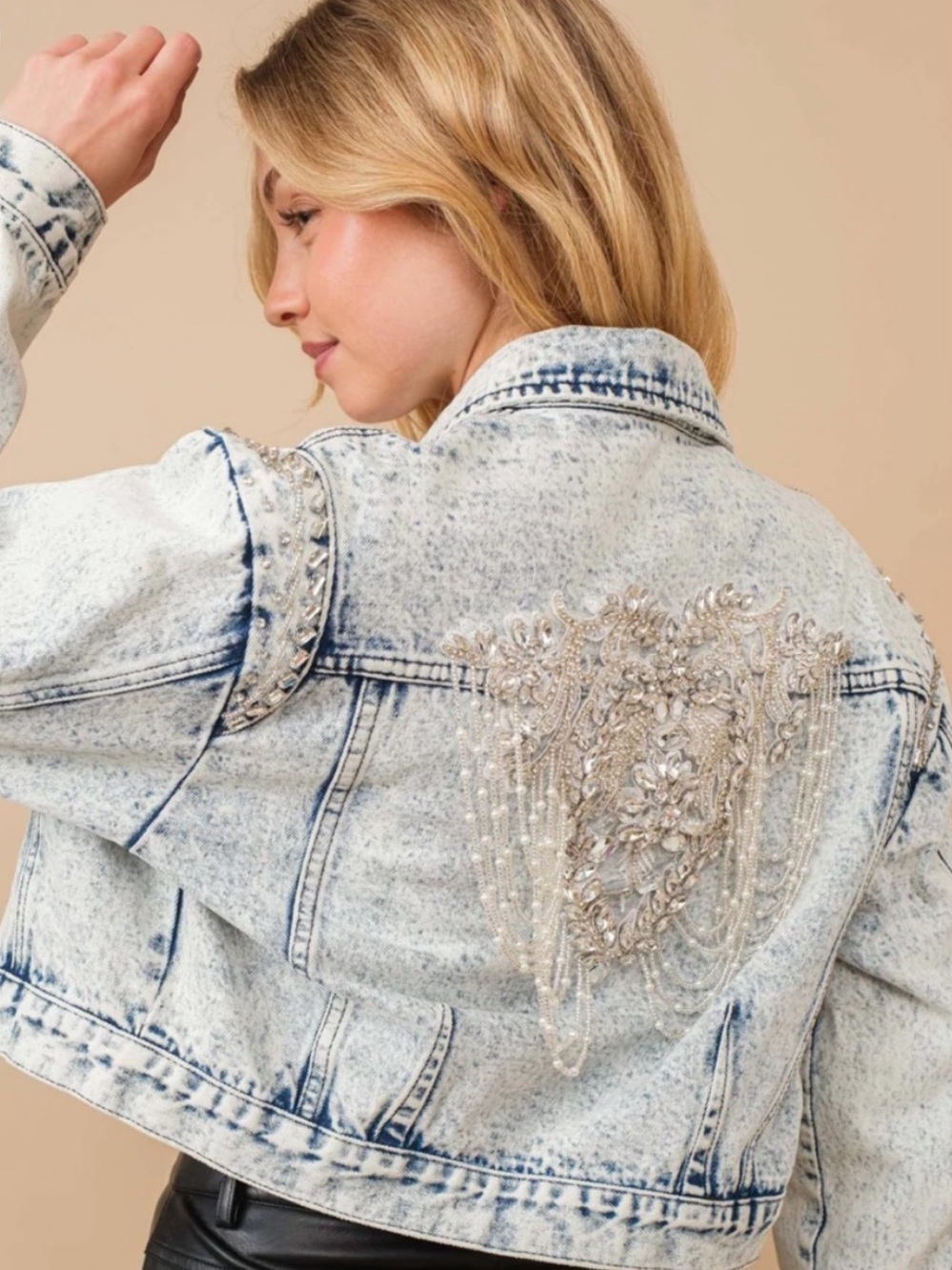 Blue B Embellished Denim Jacket Crystal Pearl Fringe Cropped Jacket NWT Small - Picture 1 of 7